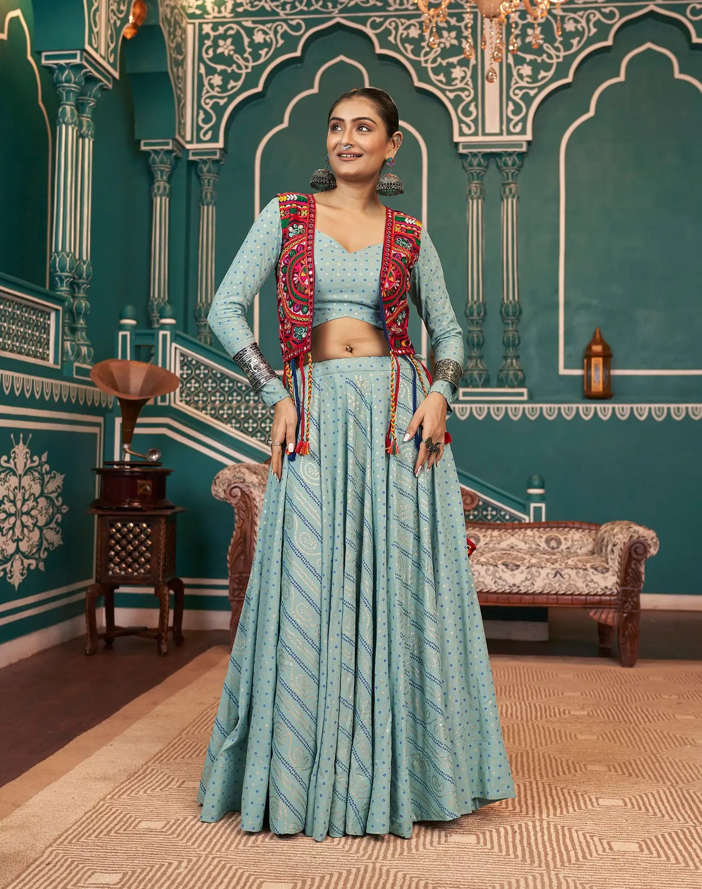Pista green Viscose Rayon Pigment Foil Work Navratri Lehenga Choli