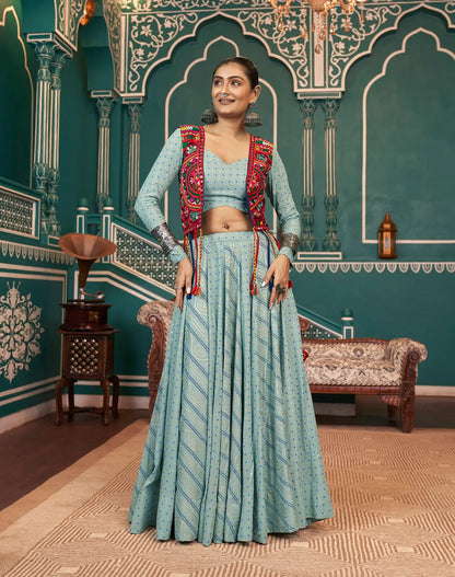 Pista green Viscose Rayon Pigment Foil Work Navratri Lehenga Choli