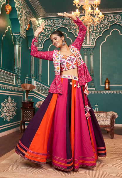 Multi color Viscose Rayon Navratri Lehenga Choli With Embroidery & Mirror Work