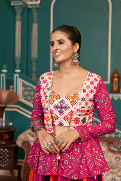 Multi color Viscose Rayon Navratri Lehenga Choli With Embroidery & Mirror Work