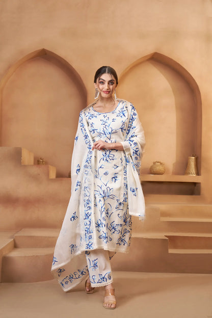 Off White Cotton Salwar Suit With Thread Embroidery Work