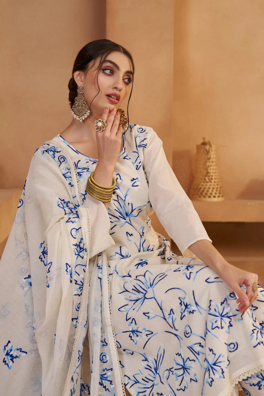 Off White Cotton Salwar Suit With Thread Embroidery Work