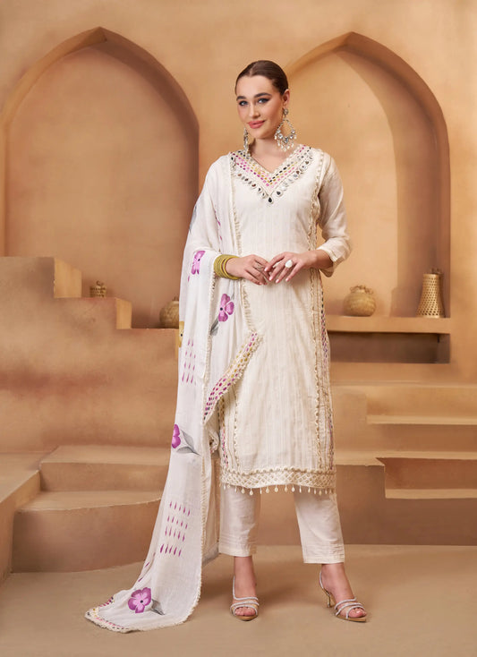 Off White Cotton Salwar Suit With Print, Thread & Mirror Work
