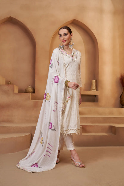 Off White Cotton Salwar Suit With Print, Thread & Mirror Work