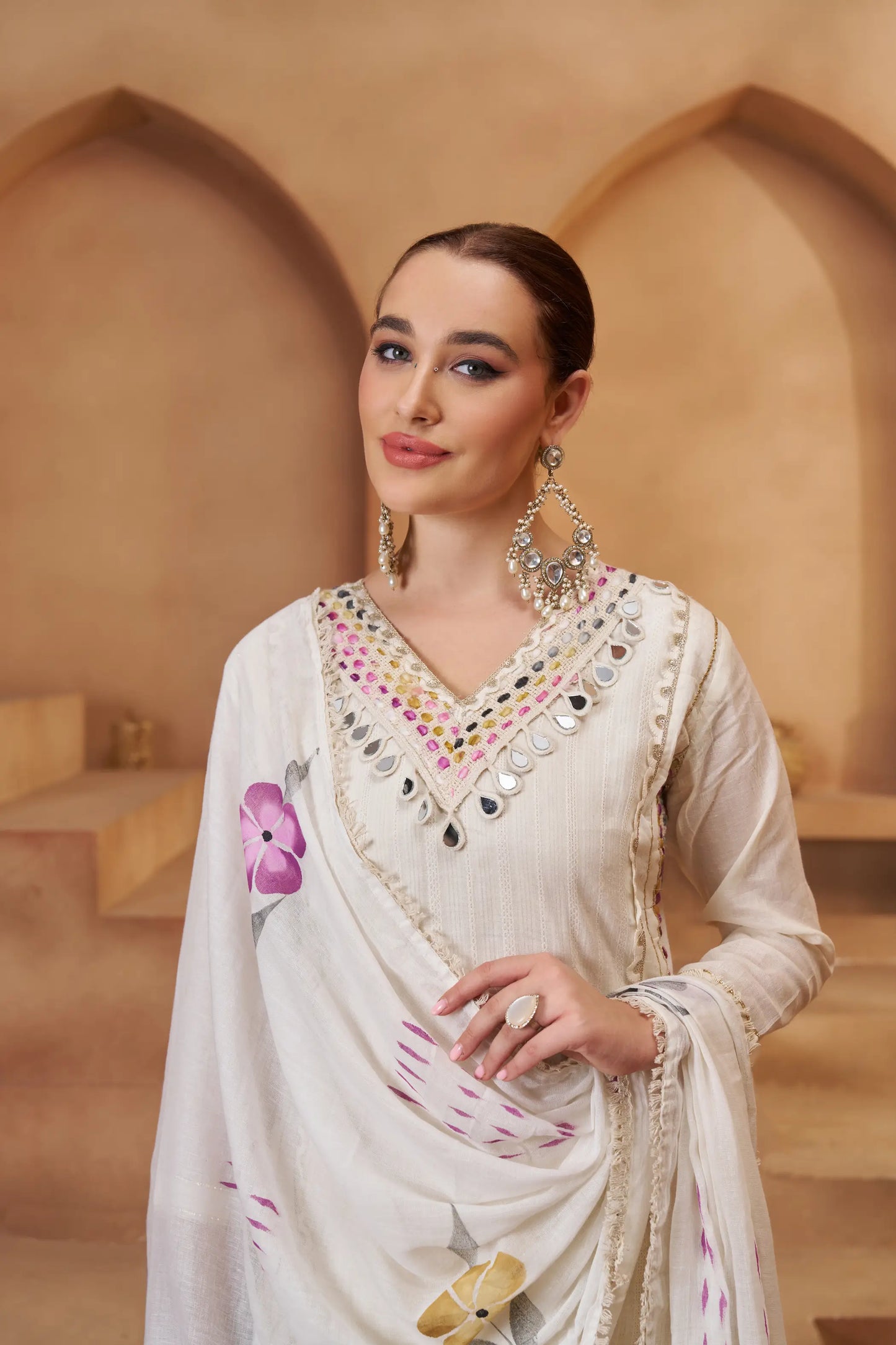 Off White Cotton Salwar Suit With Print, Thread & Mirror Work