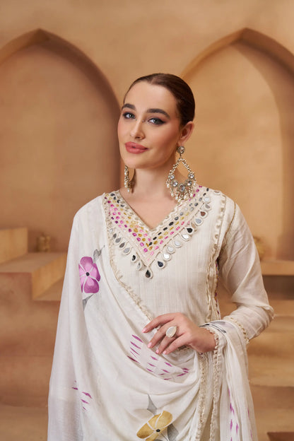 Off White Cotton Salwar Suit With Print, Thread & Mirror Work