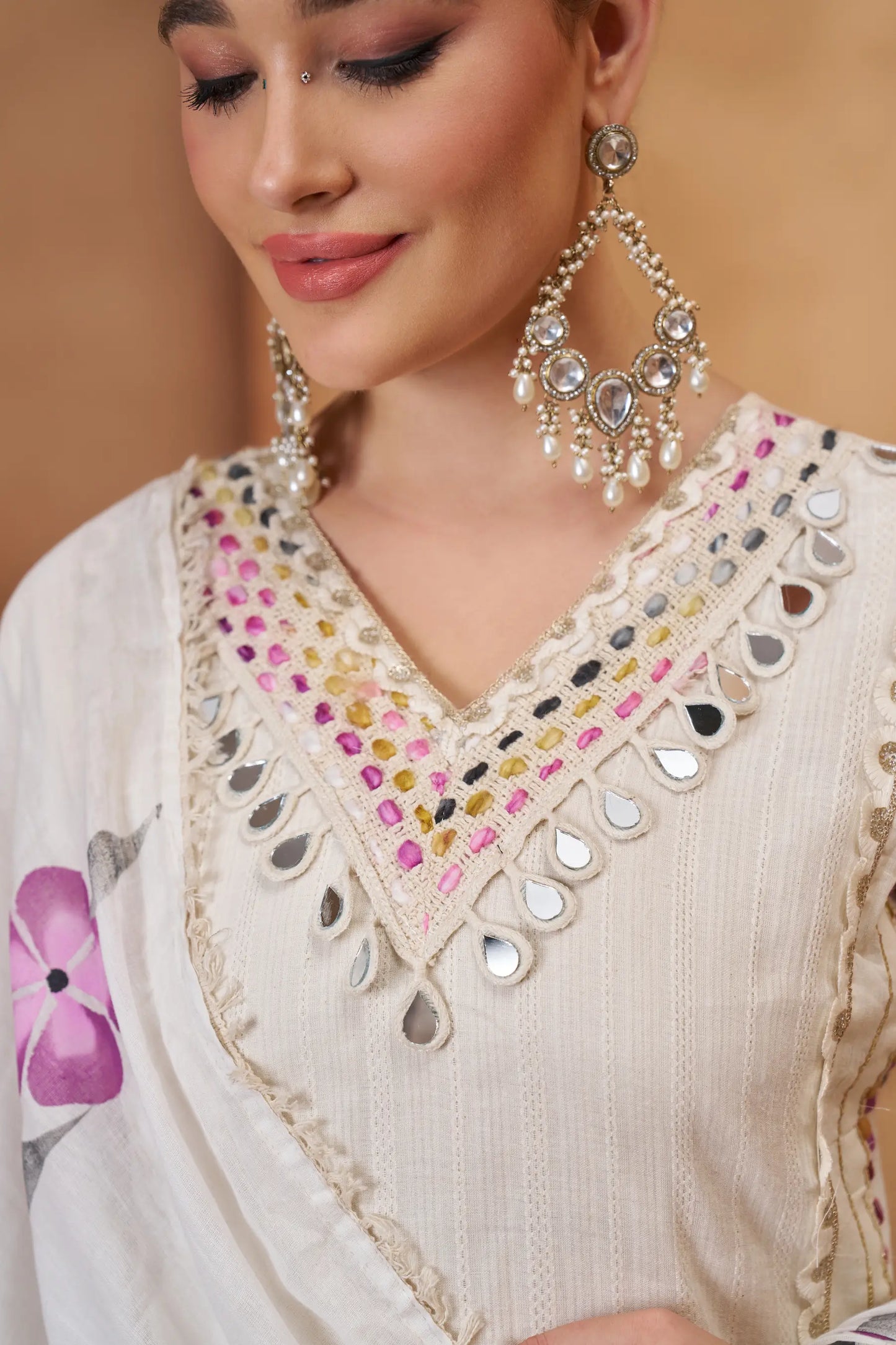 Off White Cotton Salwar Suit With Print, Thread & Mirror Work