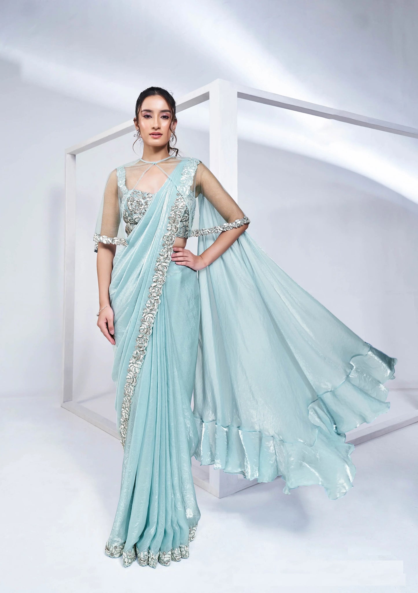 Sky Satin Silk Ready To Wear One Minute Saree With Heavy Handwork Blouse