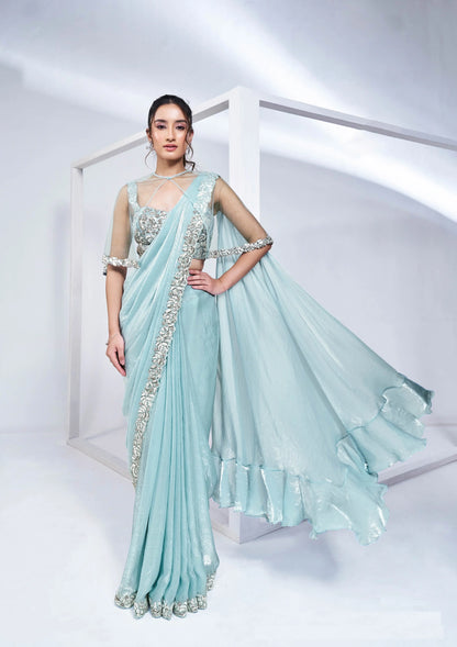 Sky Satin Silk Ready To Wear One Minute Saree With Heavy Handwork Blouse