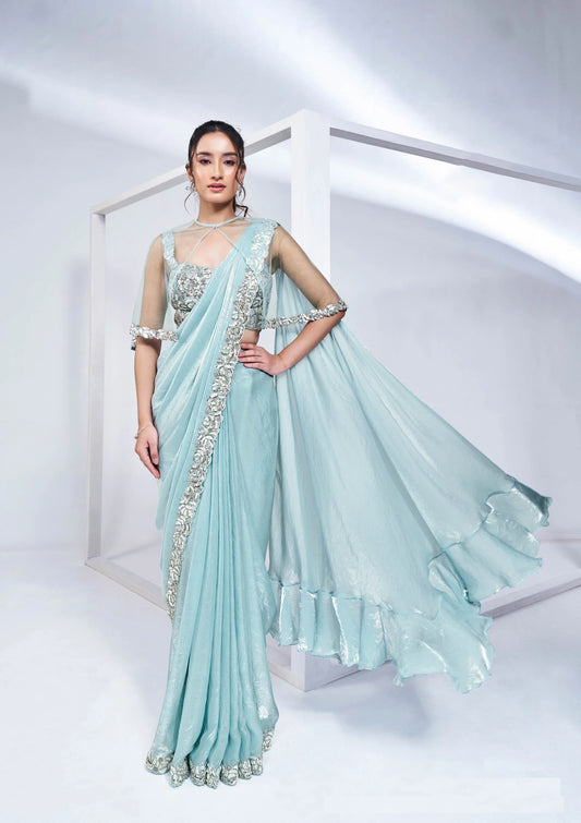 Sky Satin Silk Ready To Wear One Minute Saree With Heavy Handwork Blouse