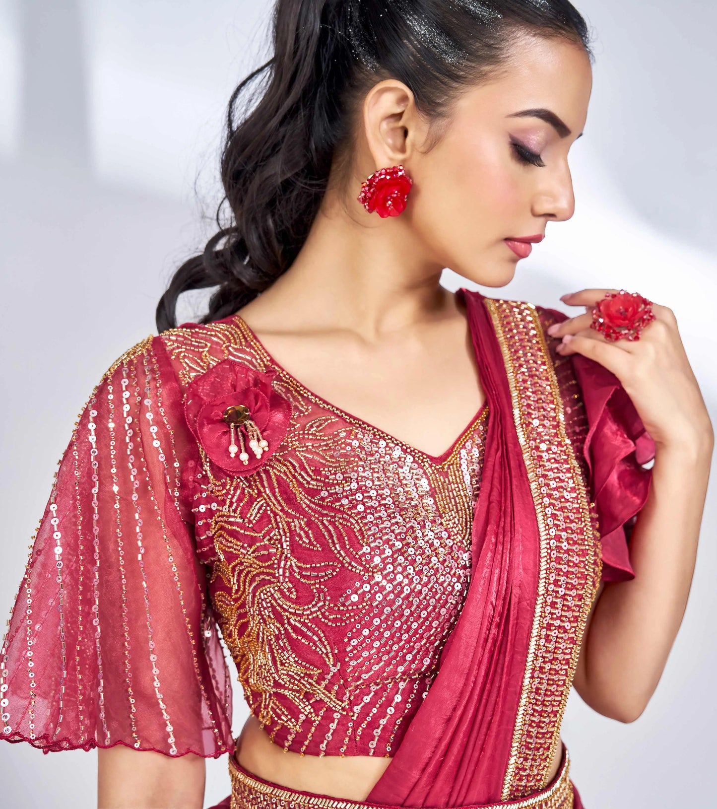 Cherry Red Satin Silk Ready To Wear One Minute Saree With Handwork Blouse