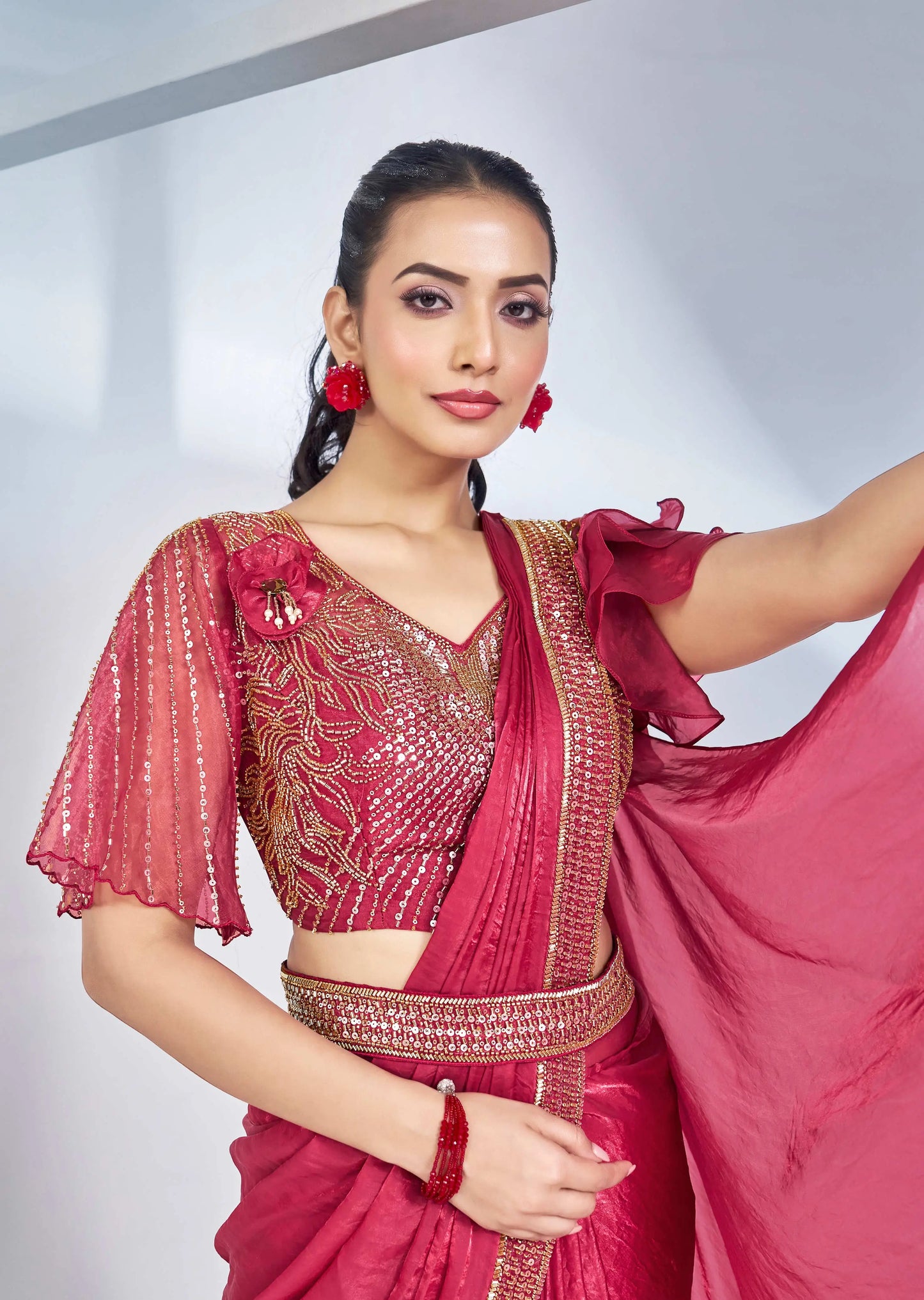 Cherry Red Satin Silk Ready To Wear One Minute Saree With Handwork Blouse