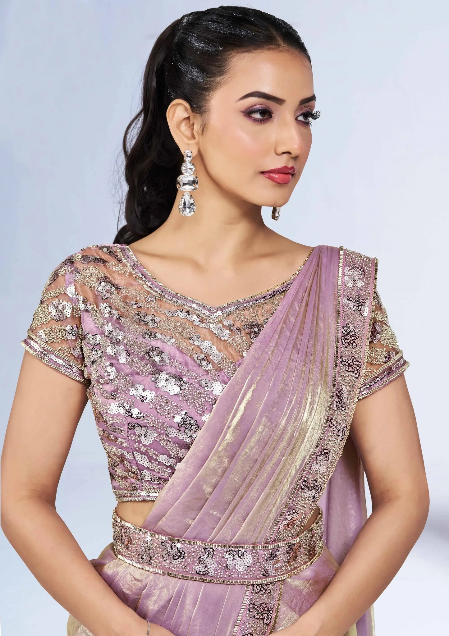 Lavender Satin Silk Ready To Wear One Minute Saree With Handwork Blouse