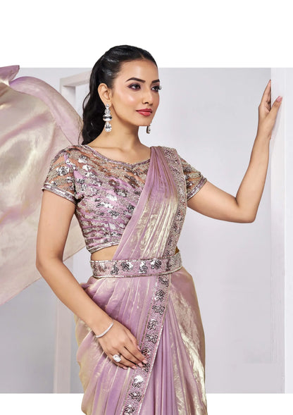 Lavender Satin Silk Ready To Wear One Minute Saree With Handwork Blouse