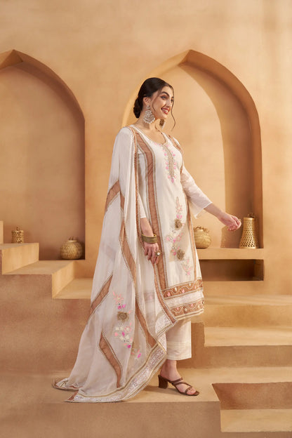 Off White Cotton Salwar Suit With Mirror, Thread & Joot Work