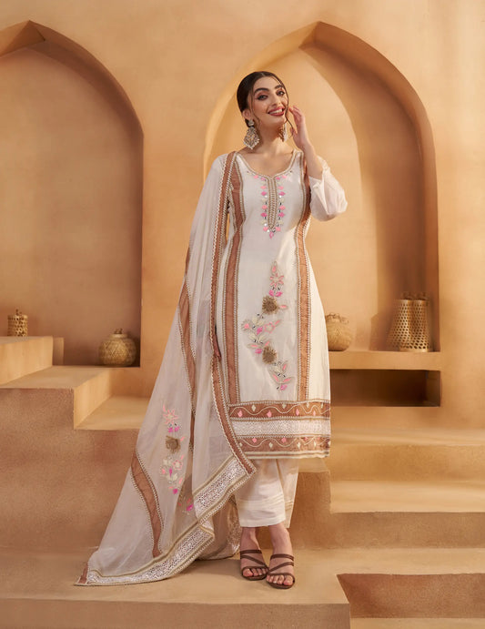 Off White Cotton Salwar Suit With Mirror, Thread & Joot Work