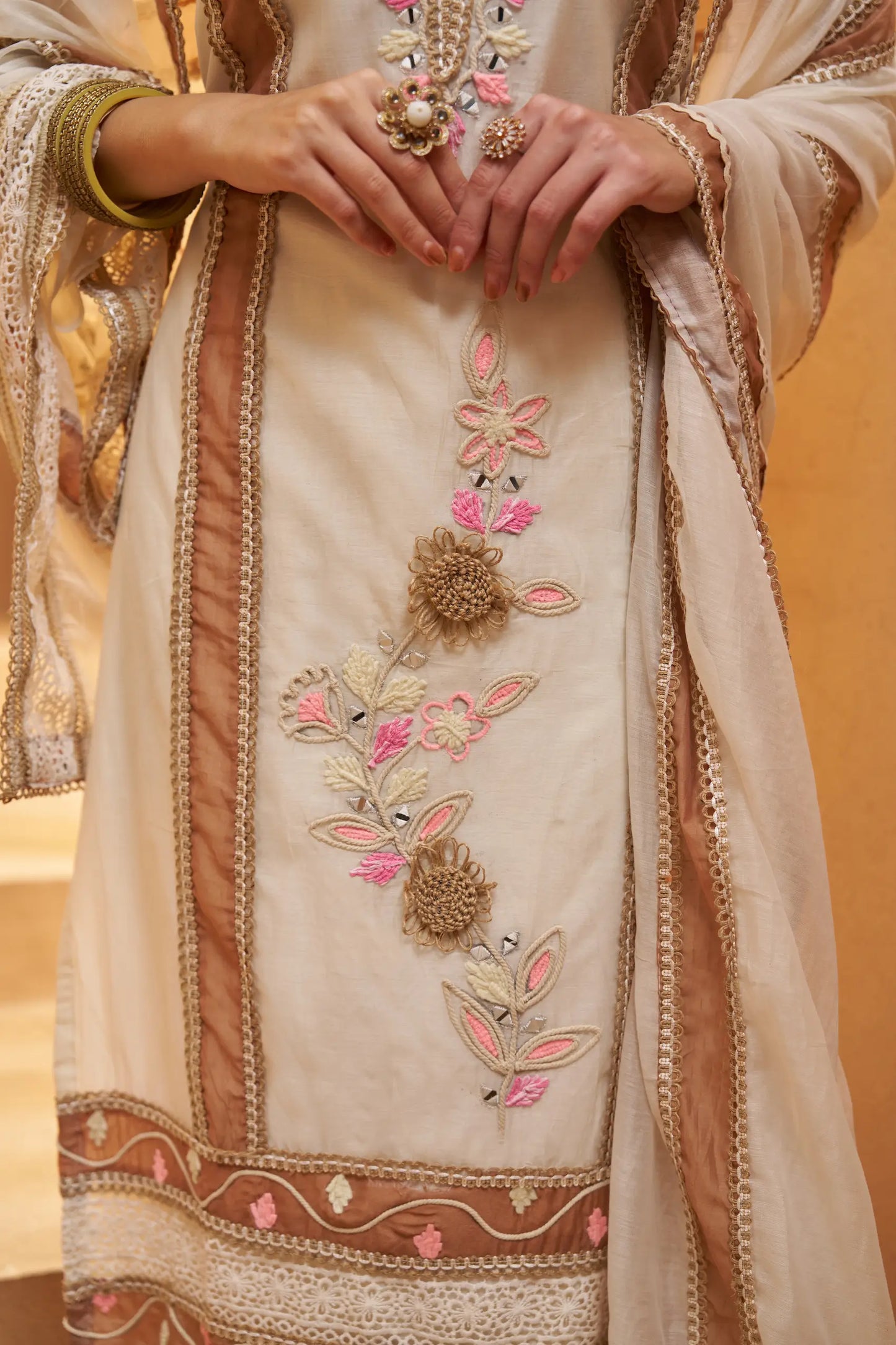 Off White Cotton Salwar Suit With Mirror, Thread & Joot Work