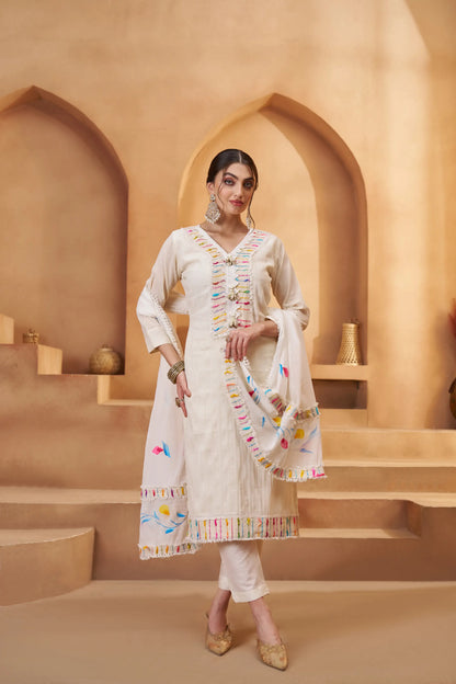 Off White Cotton Salwar Suit With Print, Thread & Joot Work