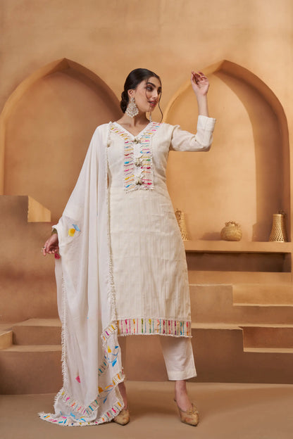 Off White Cotton Salwar Suit With Print, Thread & Joot Work