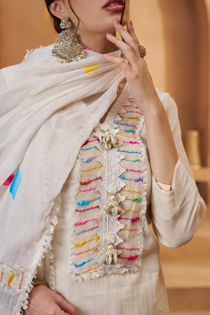 Off White Cotton Salwar Suit With Print, Thread & Joot Work