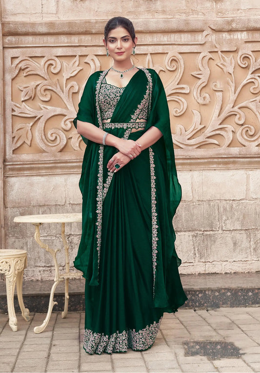 Dark Green Sequins With Hand Work Ready To Wear Saree With Cap