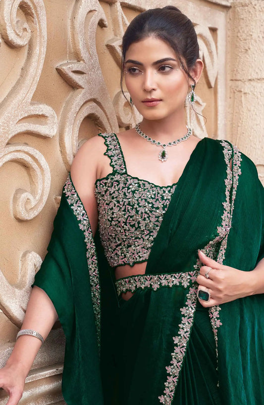 Dark Green Sequins With Hand Work Ready To Wear Saree With Cap