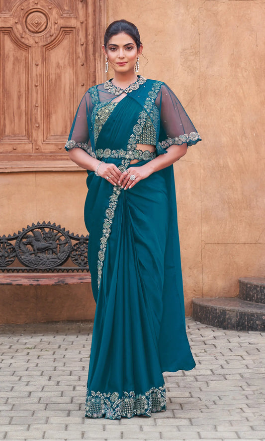 Teal Blue Duel Sequins With Hand Work Ready To Wear Saree With Poncho