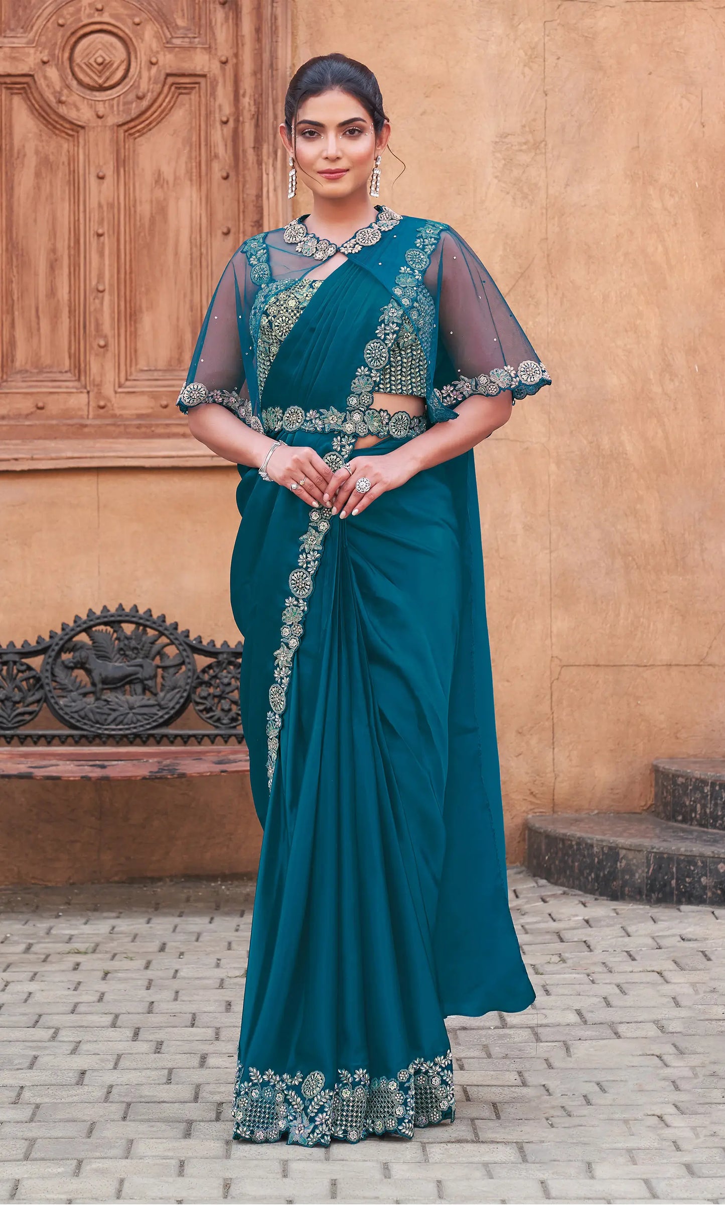 Teal Blue Duel Sequins With Hand Work Ready To Wear Saree With Poncho