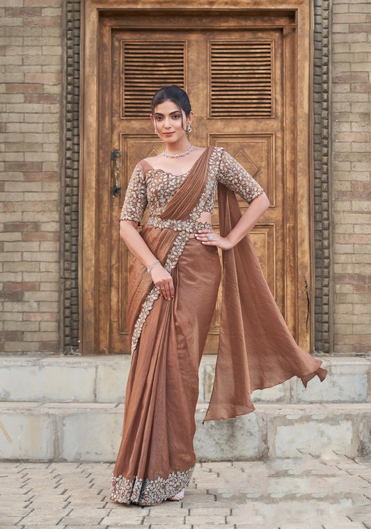 Pinkish Brown Duel Sequins With Pearl Work Ready To Wear Saree With Belt