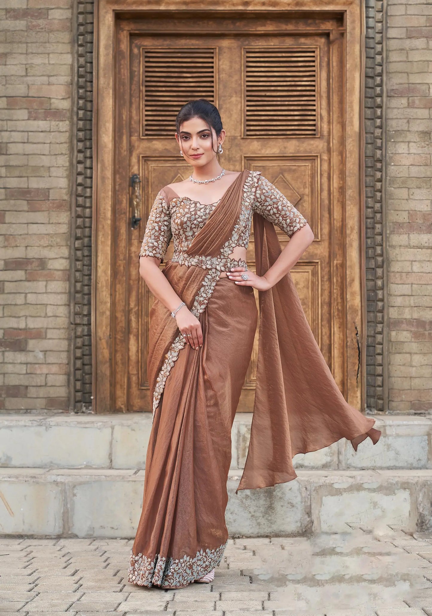 Pinkish Brown Duel Sequins With Pearl Work Ready To Wear Saree With Belt