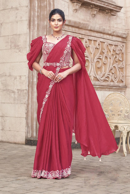Light Maroon Duel Sequins With Hand Work Ready To Wear Saree With Belt