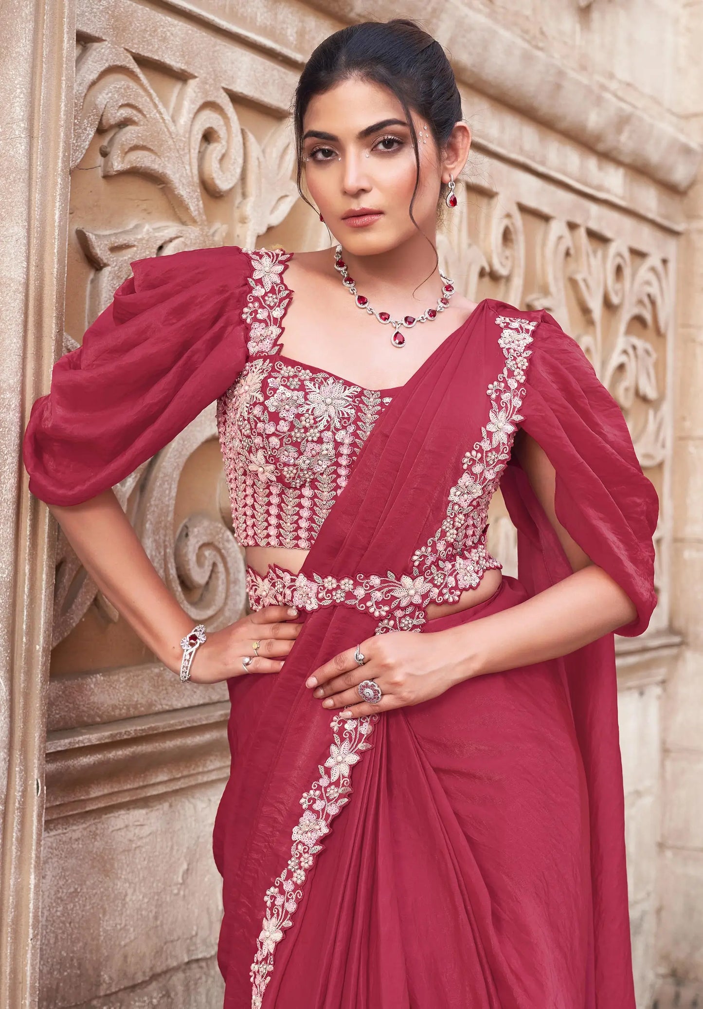 Light Maroon Duel Sequins With Hand Work Ready To Wear Saree With Belt