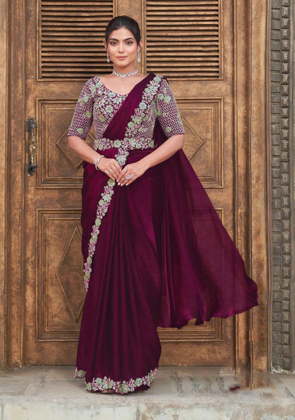 Black Berry Duel Sequins With Pearl And Hand Work Ready To Wear Saree