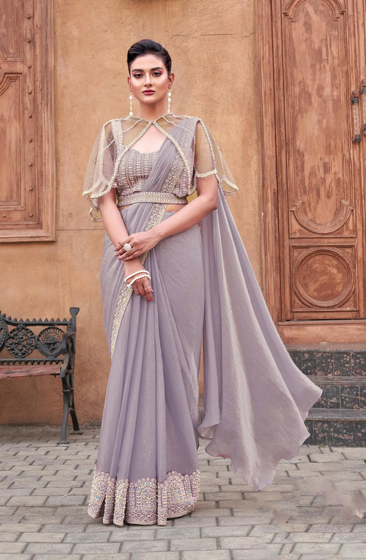 Dusty Grey Sequins With Pearl Work Ready To Wear Saree With Poncho
