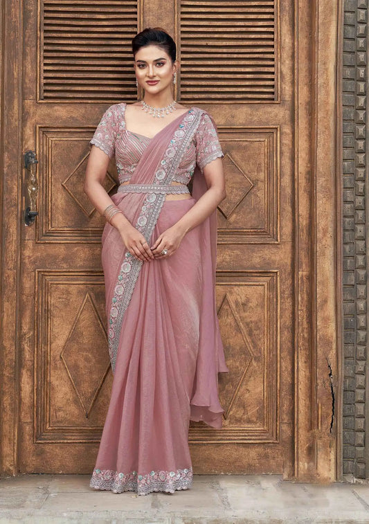 Rosy Brown Four Sequins With Hand Work Ready To Wear Saree