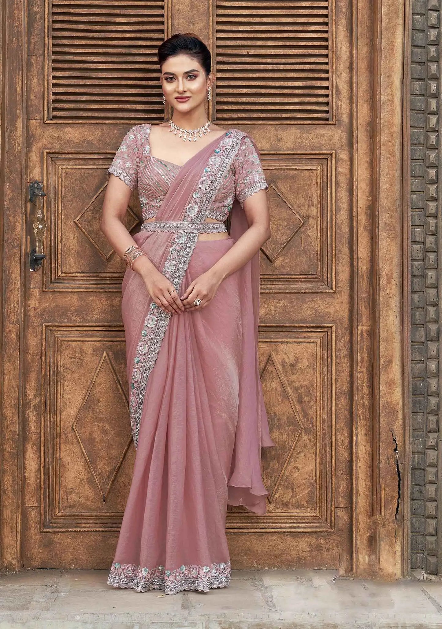 Rosy Brown Four Sequins With Hand Work Ready To Wear Saree