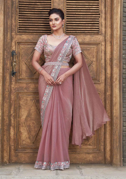 Rosy Brown Four Sequins With Hand Work Ready To Wear Saree