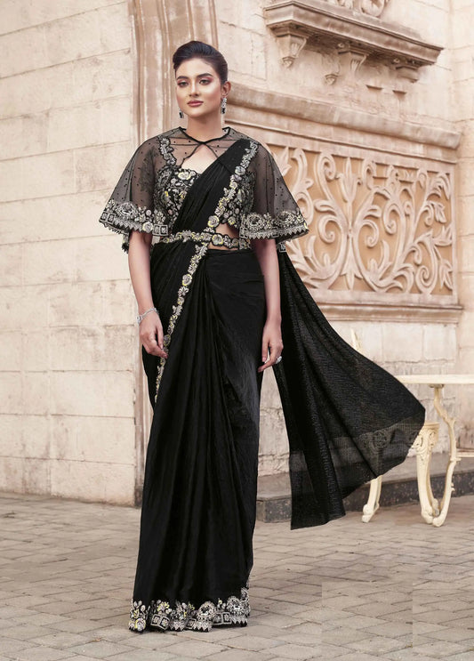 Smoky Black Duel Sequins With Pearl Work Ready To Wear Saree With Poncho