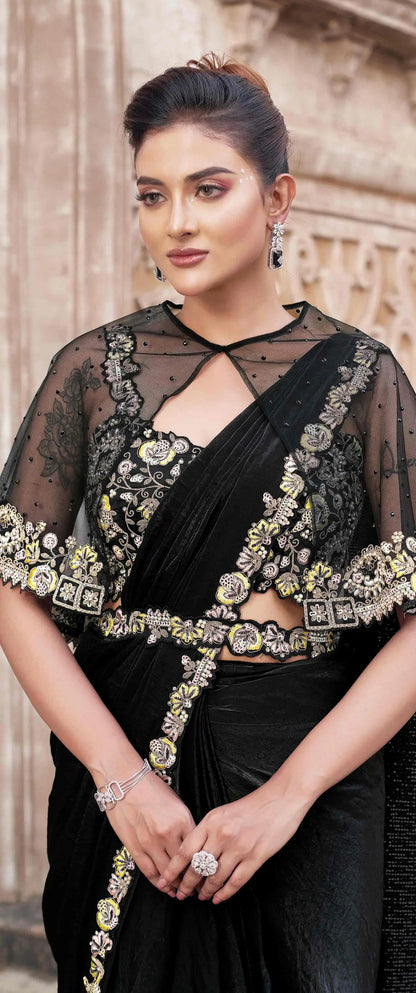 Smoky Black Duel Sequins With Pearl Work Ready To Wear Saree With Poncho