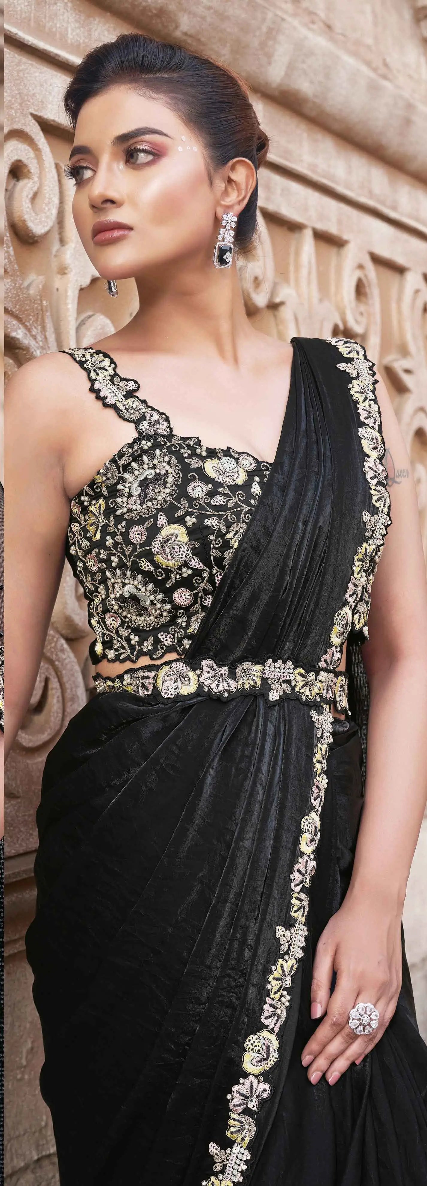 Smoky Black Duel Sequins With Pearl Work Ready To Wear Saree With Poncho