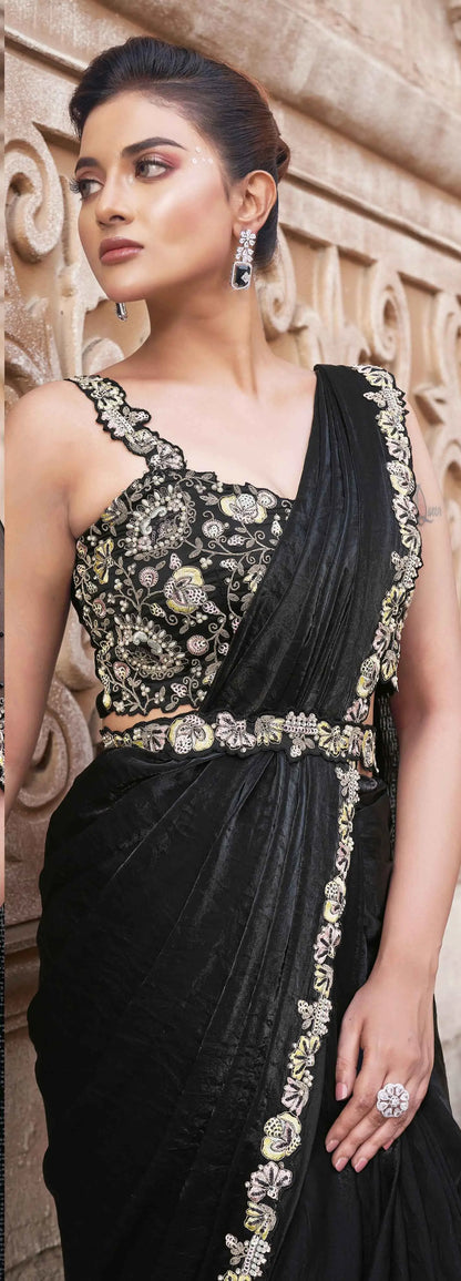 Smoky Black Duel Sequins With Pearl Work Ready To Wear Saree With Poncho