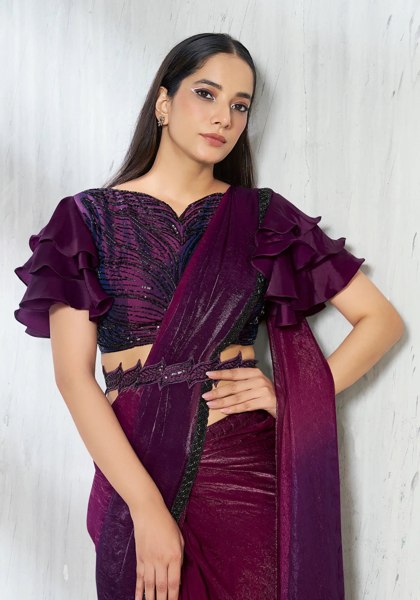 Berry Wine Shaded Satin Silk Beads Work One Minute Saree