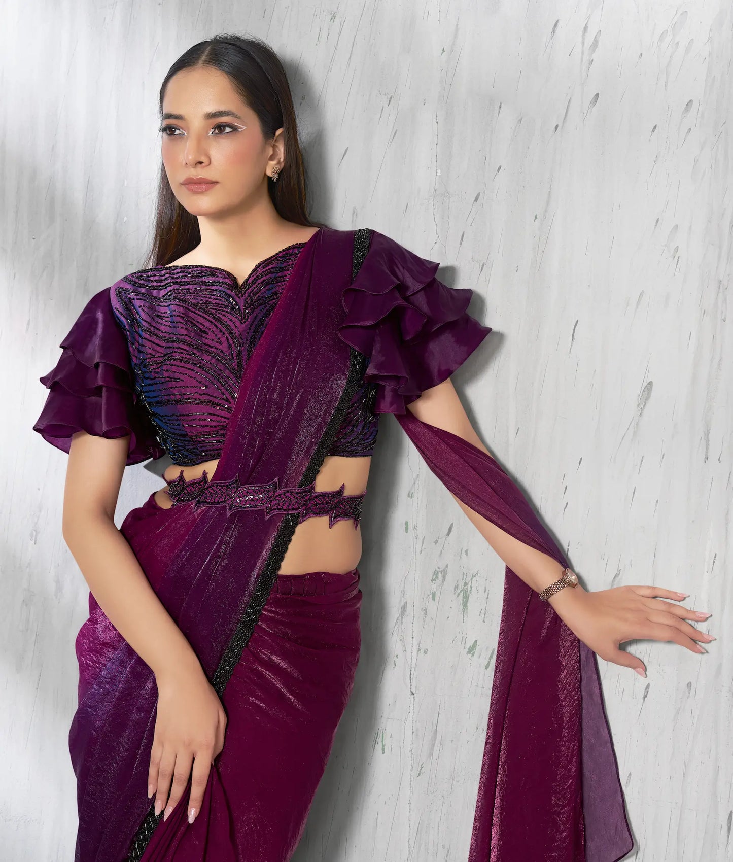 Berry Wine Shaded Satin Silk Beads Work One Minute Saree