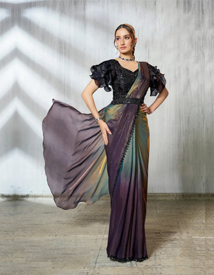 Charcoal Grey Shaded Satin Silk Beads Work One Minute Saree