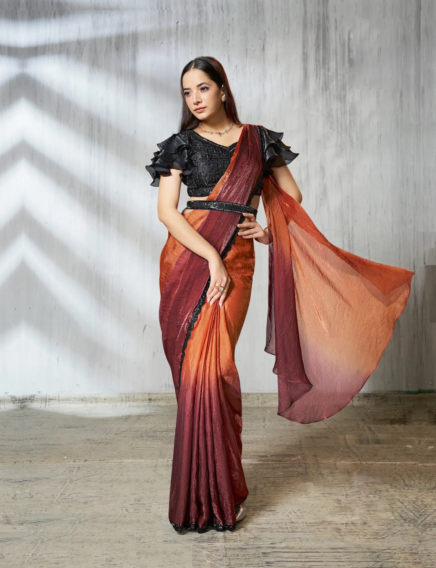 Orange-Brown Shaded Satin Silk Beads Work One Minute Saree