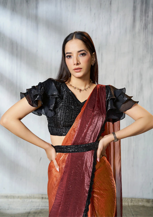 Orange-Brown Shaded Satin Silk Beads Work One Minute Saree