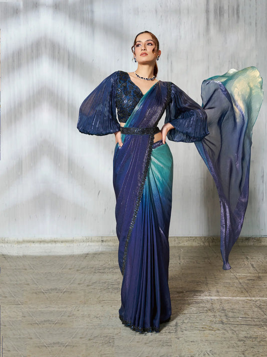 Navy Blue Shaded Satin Silk Beads Work One Minute Saree