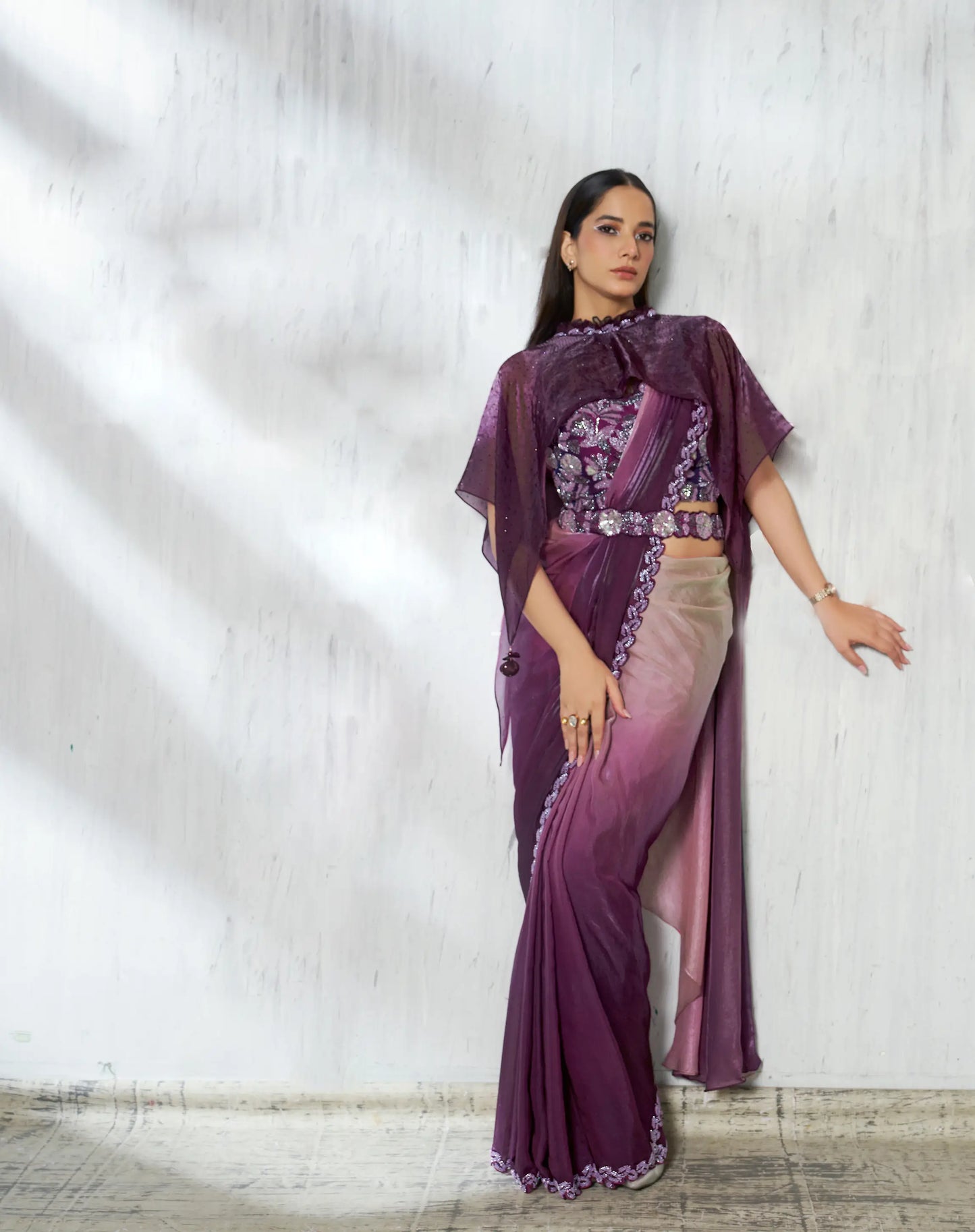 Grape Purple Shaded Satin Silk Beads Work One Minute Saree