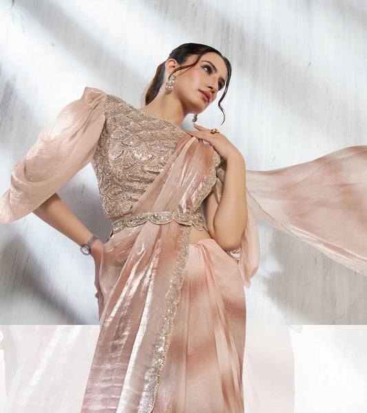 Light Beige Shaded Satin Silk Beads Work One Minute Saree