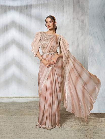 Light Beige Shaded Satin Silk Beads Work One Minute Saree